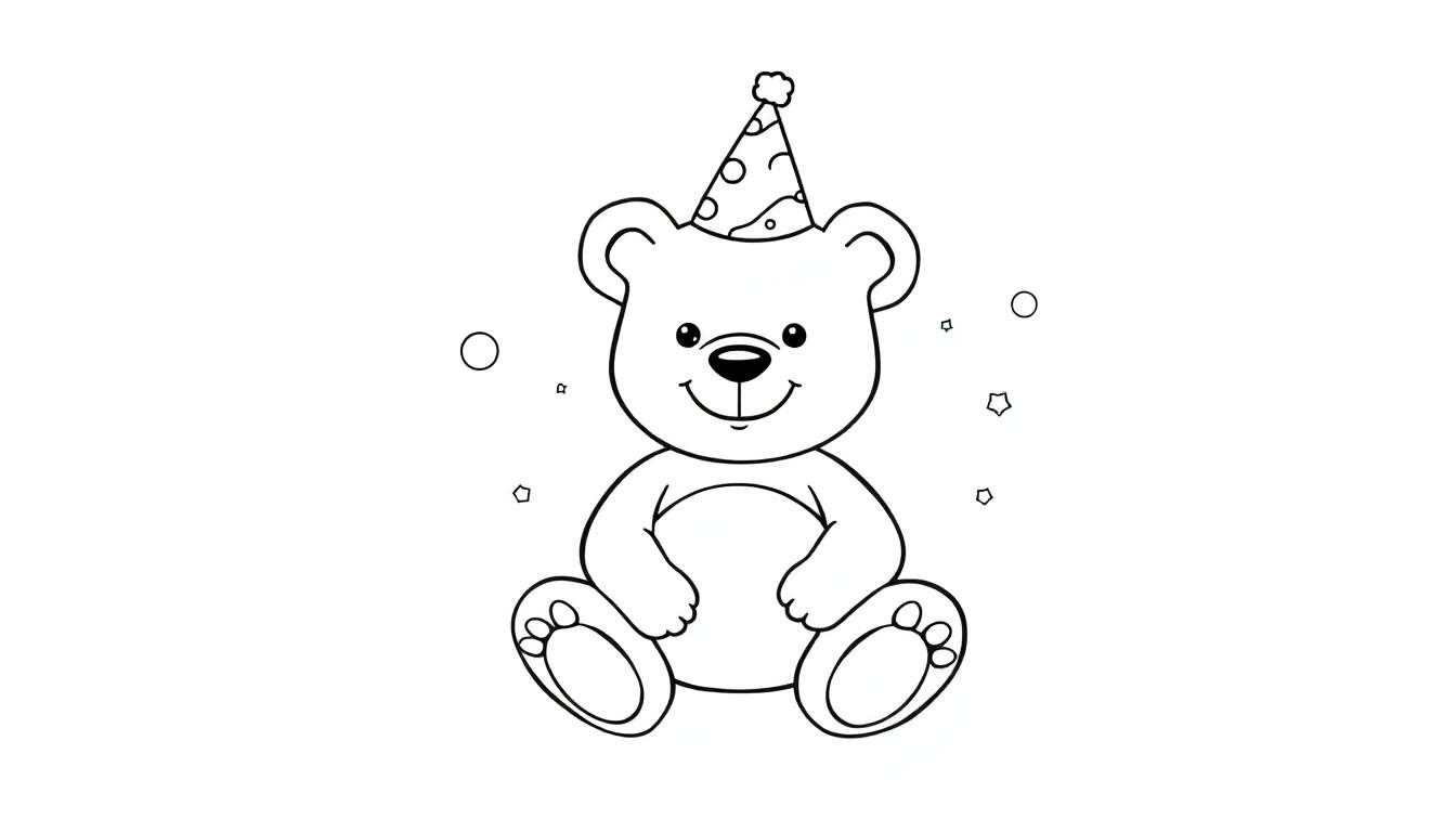 A friendly teddy bear in a party hat on a color panel, ready for fun!