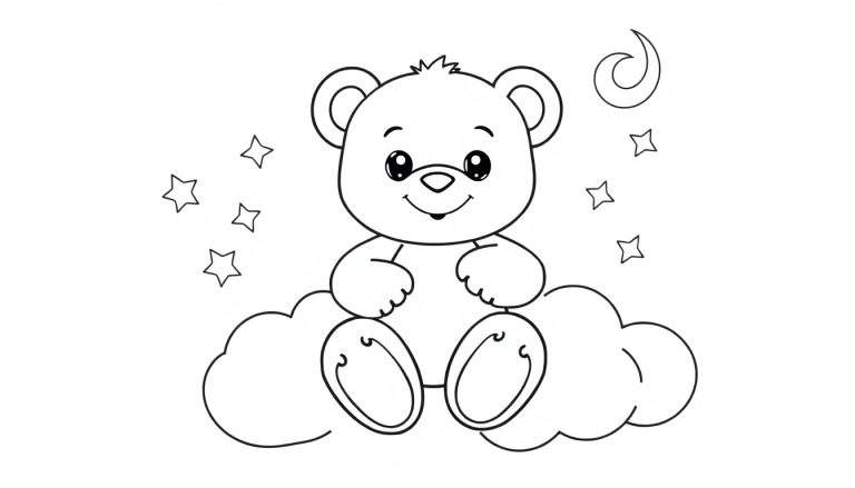 A friendly teddy bear sitting on a cloud, ready for coloring in this color panel.