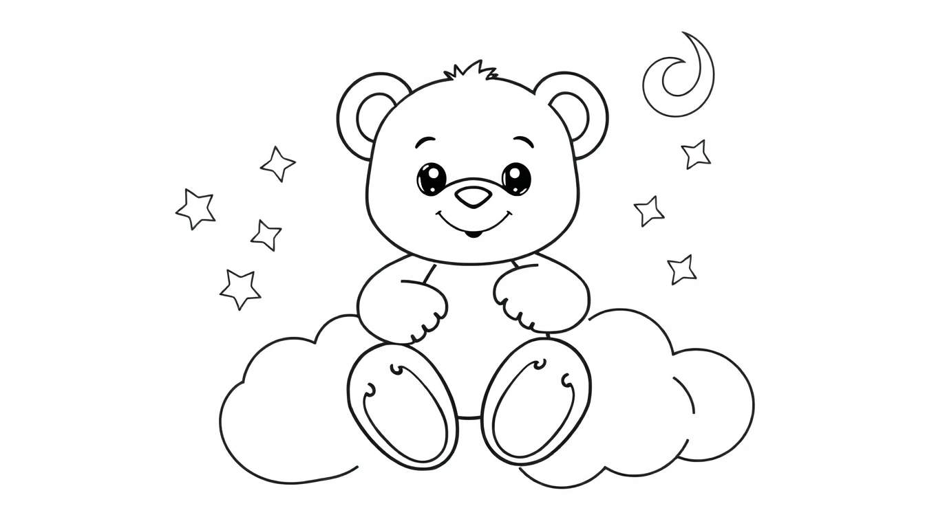 A friendly teddy bear sitting on a cloud, ready for coloring in this color panel.