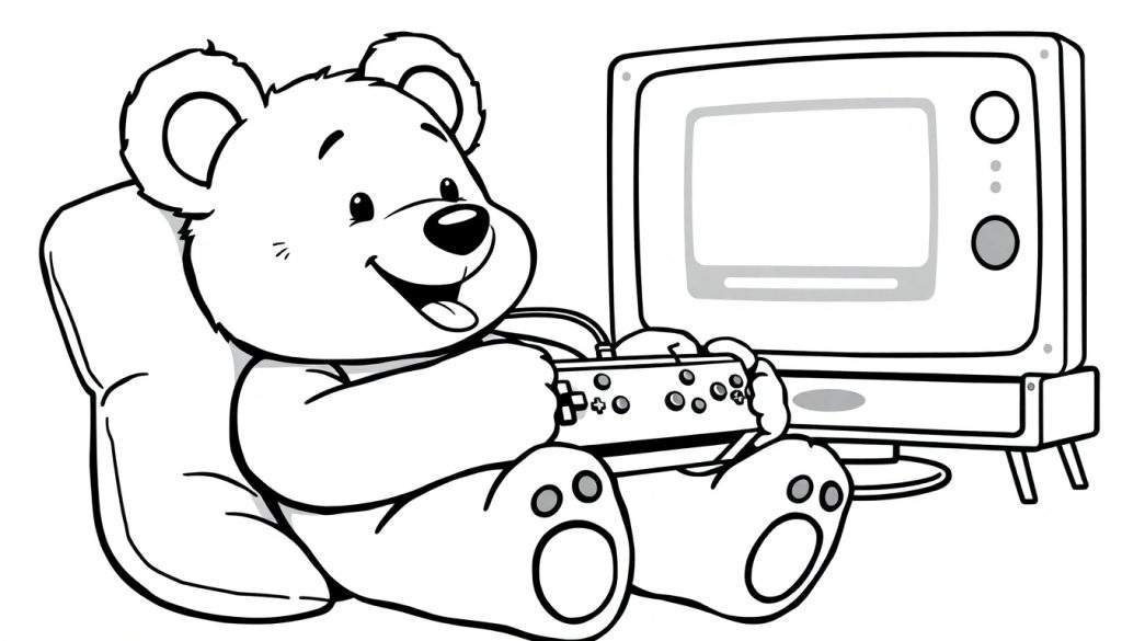 A teddy bear playing a video game, black and white color panel.
