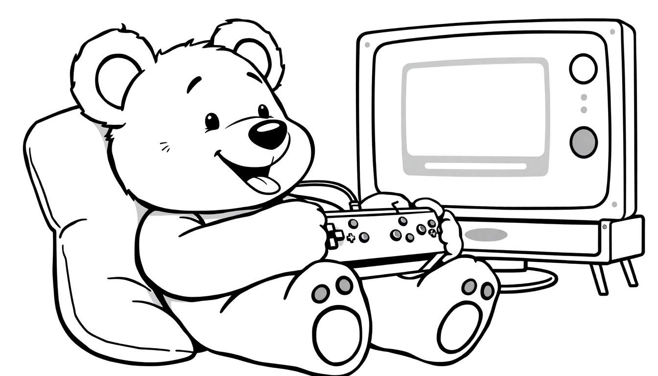A teddy bear playing a video game, black and white color panel.