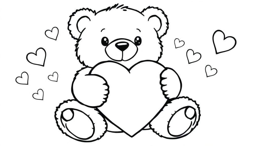 A cute teddy bear holding a heart, with smaller hearts around it, on a color panel for kids.