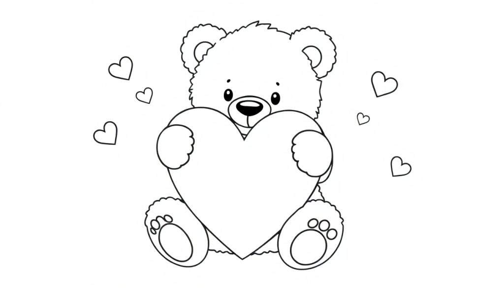 A cute teddy bear holding a heart, a black and white color panel ready for Valentine's Day.