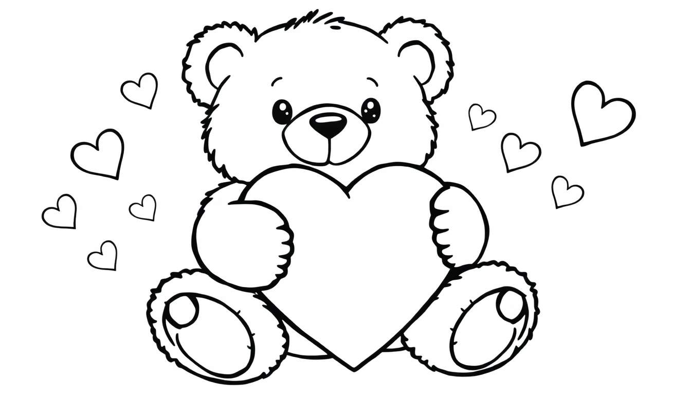 A cute teddy bear holding a heart, with smaller hearts around it, on a color panel for kids.