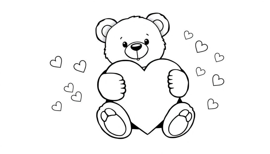 A cute teddy bear coloring page with a heart, a fun color panel for kids.