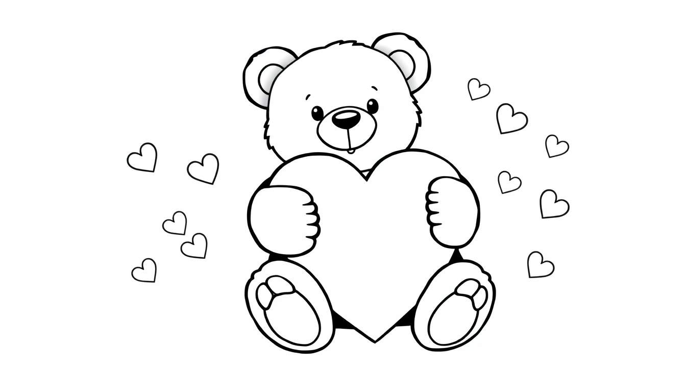A cute teddy bear coloring page with a heart, a fun color panel for kids.