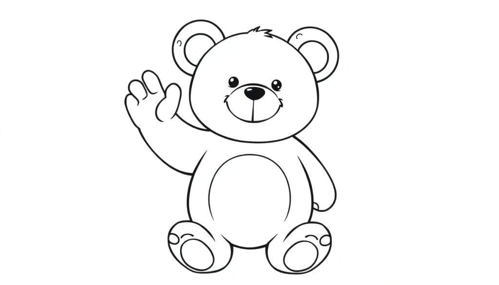 A black and white cartoon teddy bear waving, perfect for a coloring panel.