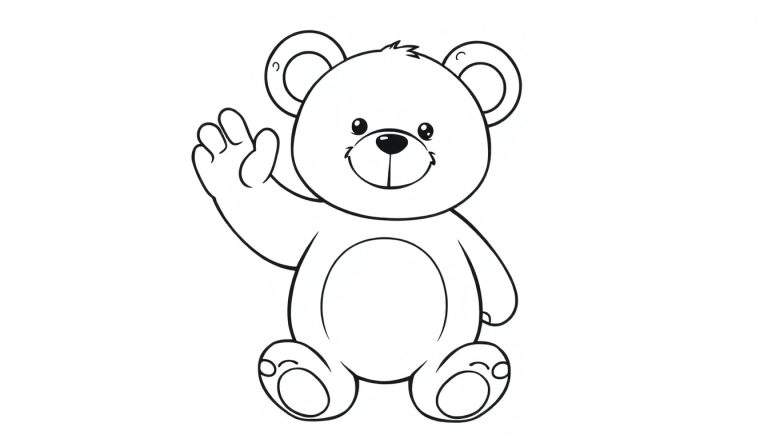 A black and white cartoon teddy bear waving, perfect for a coloring panel.