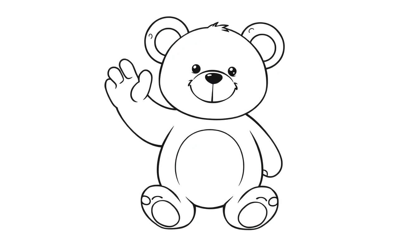 A black and white cartoon teddy bear waving, perfect for a coloring panel.