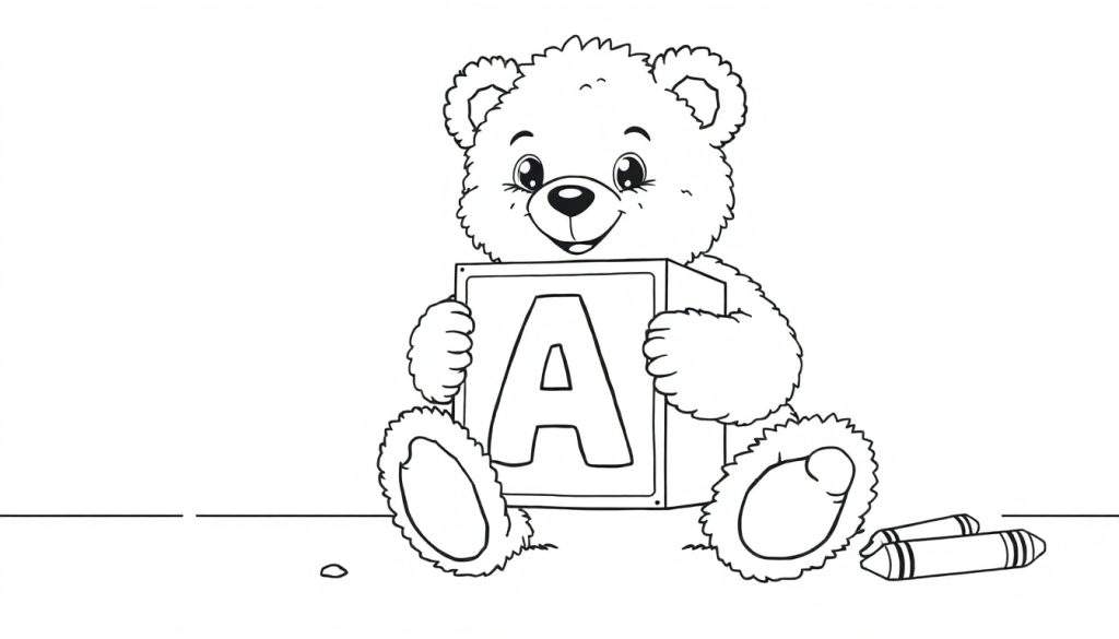 A black and white cartoon teddy bear sitting with its legs crossed, holding a block with the letter 'A'. Crayons are nearby. This is a color panel.
