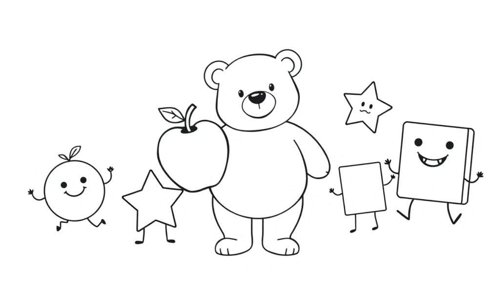 A cute teddy bear in a black and white coloring page, holding an apple. A smiling orange and stars are nearby, all part of a friendly group in this color panel.