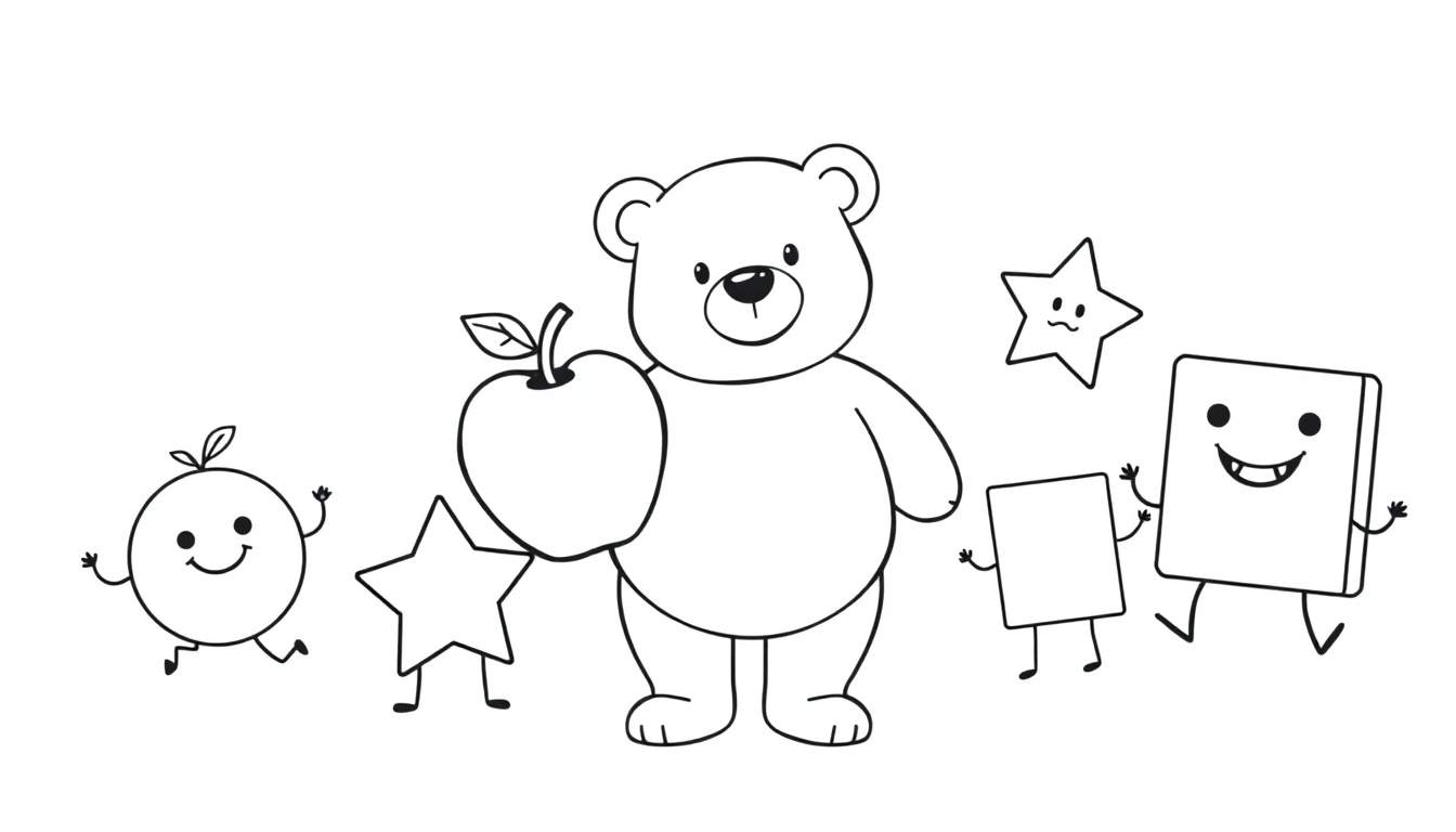 A cute teddy bear in a black and white coloring page, holding an apple. A smiling orange and stars are nearby, all part of a friendly group in this color panel.