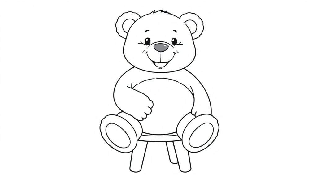 A black and white cartoon teddy bear sitting on a stool, ready for coloring. This color panel features a friendly bear.