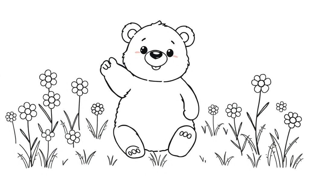 A cute teddy bear waving hello in a flower field, ready for a color panel.
