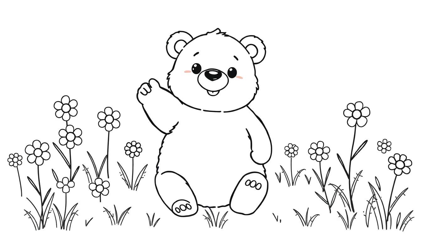 A cute teddy bear waving hello in a flower field, ready for a color panel.
