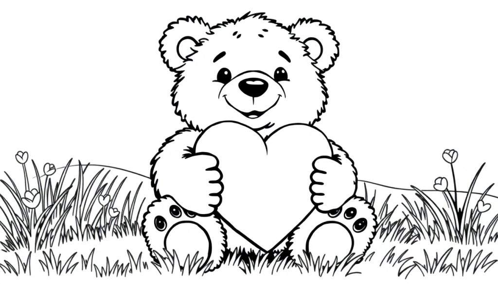 A black and white drawing of a teddy bear sitting in a grassy field, holding a heart. This is a color panel for fun!