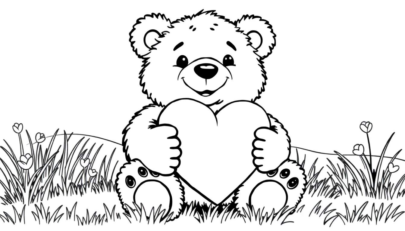 A black and white drawing of a teddy bear sitting in a grassy field, holding a heart. This is a color panel for fun!