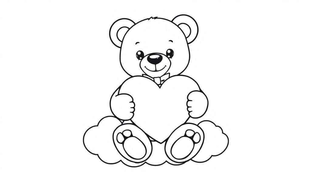 A black and white cartoon teddy bear holding a heart, a perfect color panel for Valentine's Day fun.
