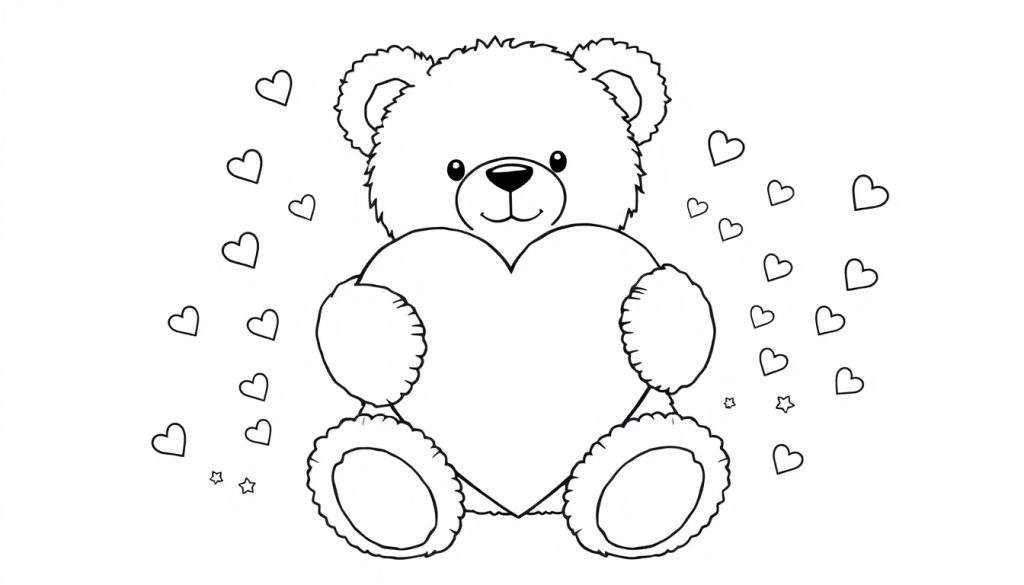 A black and white coloring page of a teddy bear holding a heart, with small hearts and stars scattered around, perfect for a color panel.