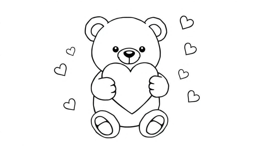 A cute black and white teddy bear holding a heart, surrounded by smaller hearts. A perfect color panel for little artists.