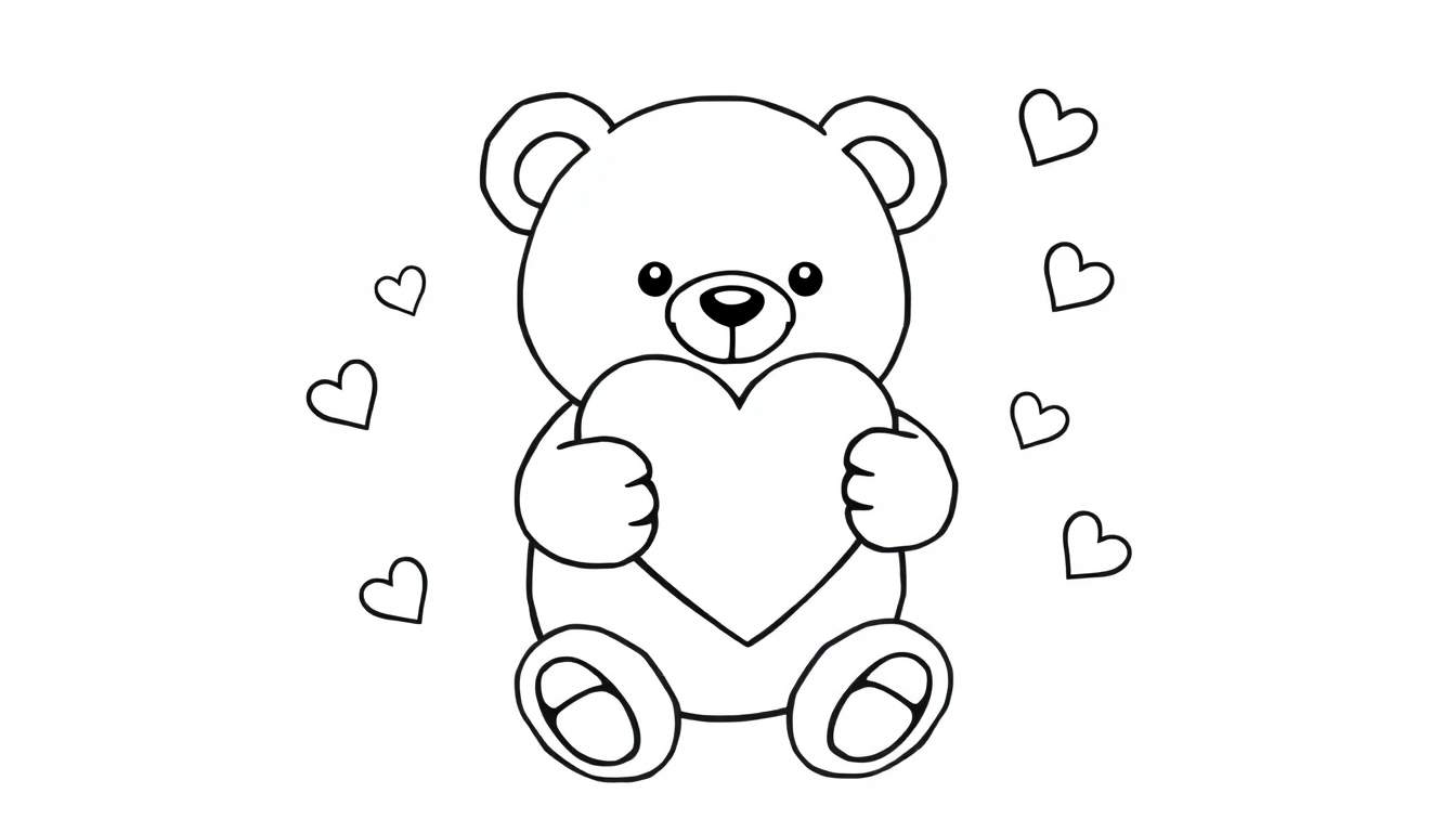 A cute black and white teddy bear holding a heart, surrounded by smaller hearts. A perfect color panel for little artists.