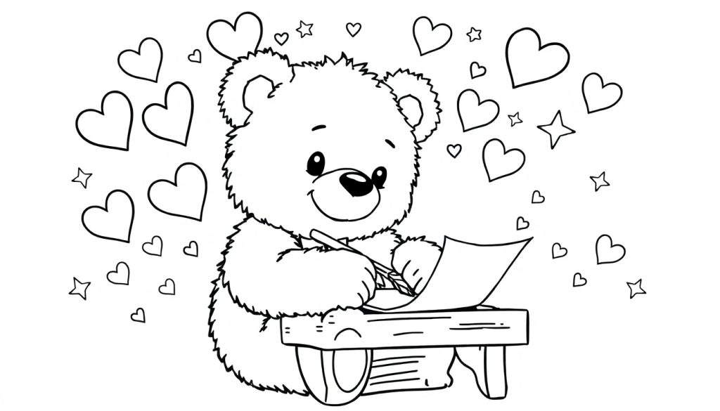 A black and white illustration of a fluffy teddy bear writing with a quill, surrounded by hearts and stars, ready for coloring. This color panel is perfect for a fun activity.