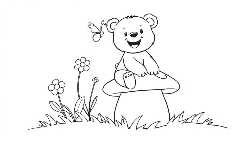 A cute teddy bear sitting on a mushroom in a grassy field, with flowers and a butterfly. Black and white coloring panel for kids.