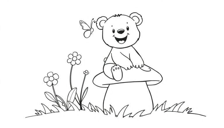 A cute teddy bear sitting on a mushroom in a grassy field, with flowers and a butterfly. Black and white coloring panel for kids.