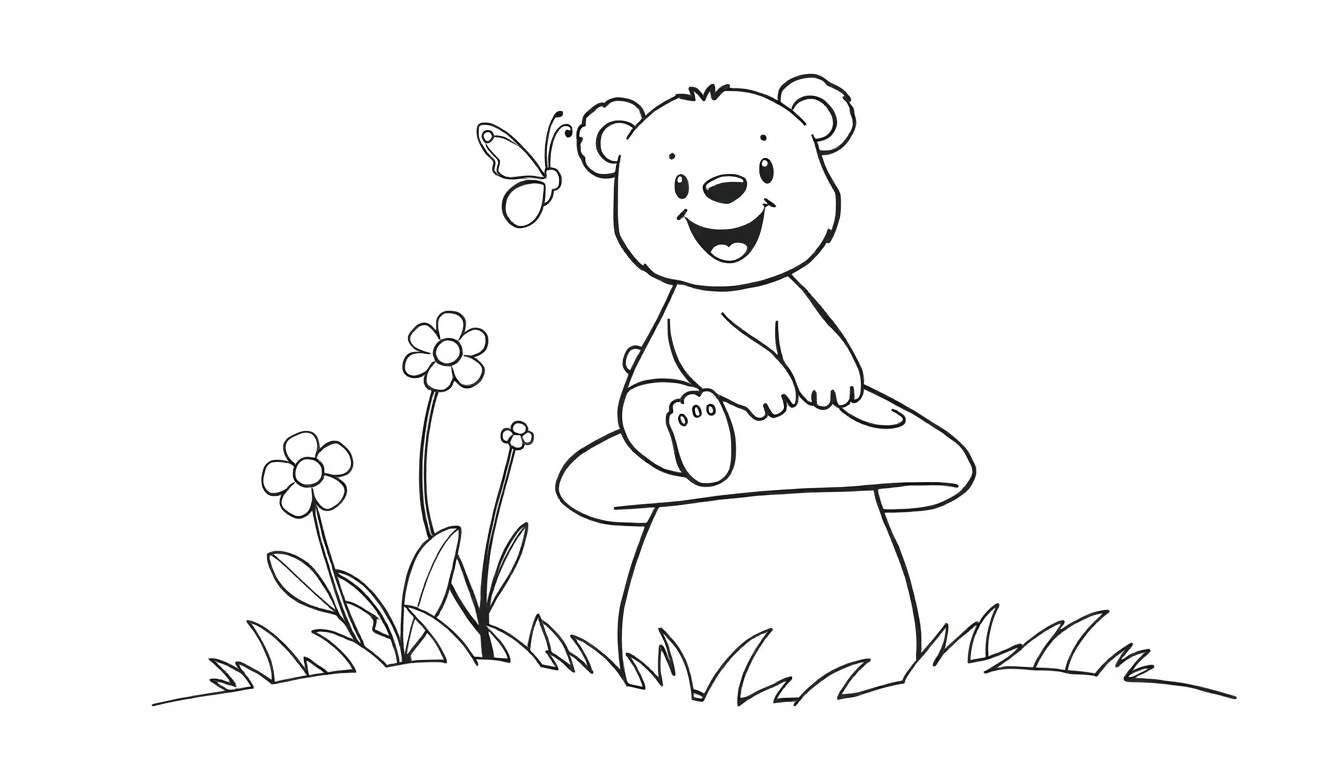 A cute teddy bear sitting on a mushroom in a grassy field, with flowers and a butterfly. Black and white coloring panel for kids.