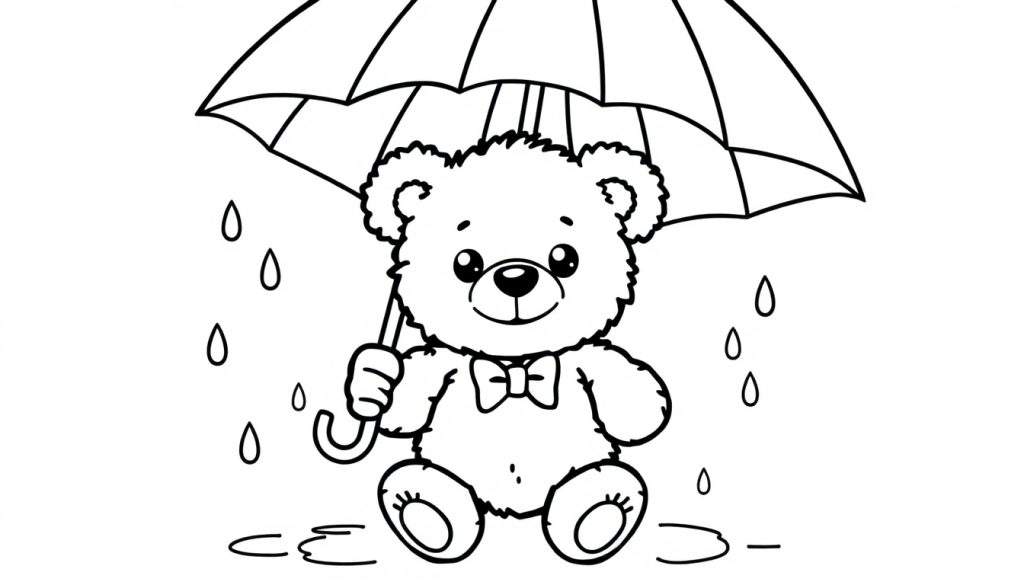 A black and white coloring page of a cute teddy bear sitting under a colorful umbrella in the rain, with raindrops and puddles visible. The bear wears a bow tie. This is a fun color panel.