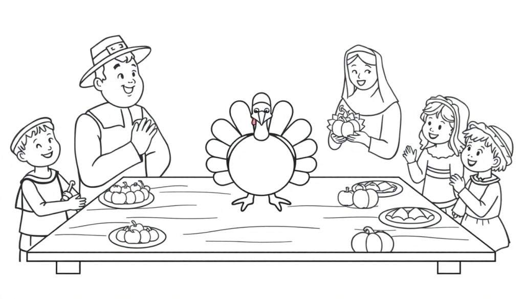 A black and white illustration of a pilgrim family around a table for Thanksgiving, ready for a coloring panel.