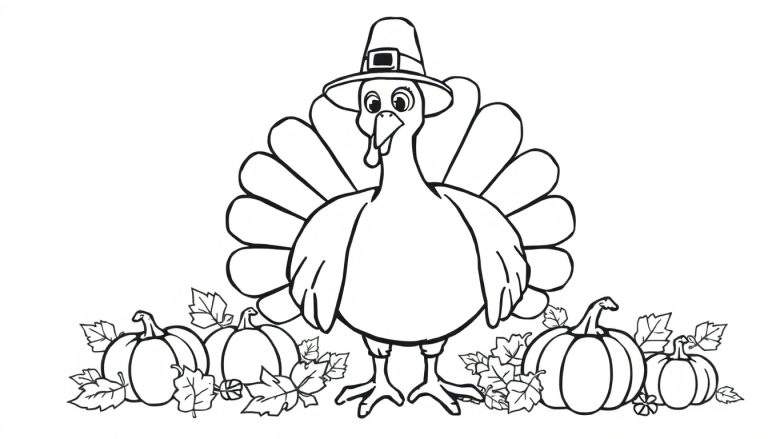 A cute turkey wearing a pilgrim hat, surrounded by pumpkins and leaves, is a Thanksgiving coloring panel.