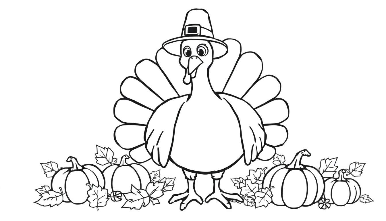 A cute turkey wearing a pilgrim hat, surrounded by pumpkins and leaves, is a Thanksgiving coloring panel.