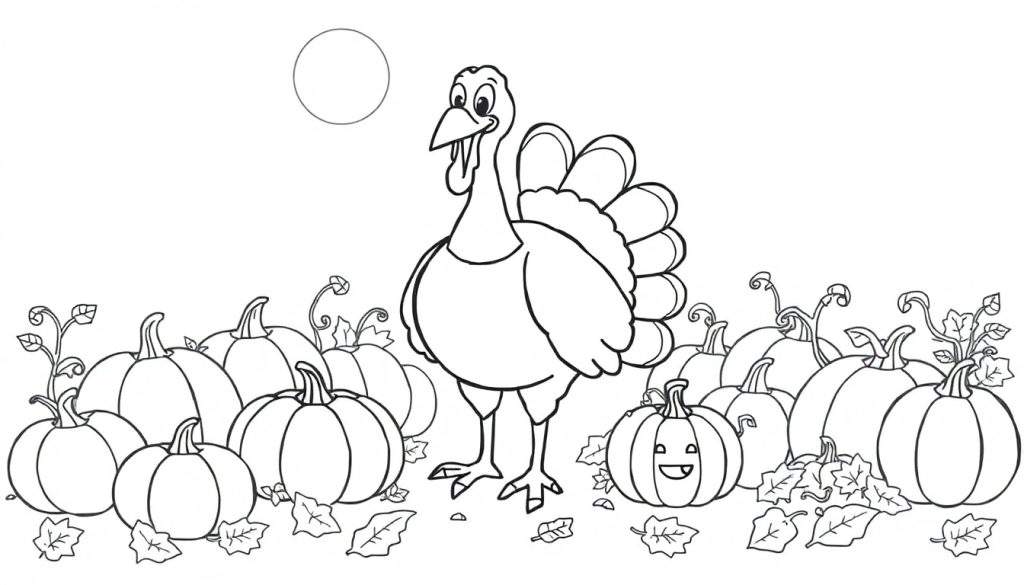 A black and white drawing of a friendly turkey in a pumpkin patch, perfect for a color panel.