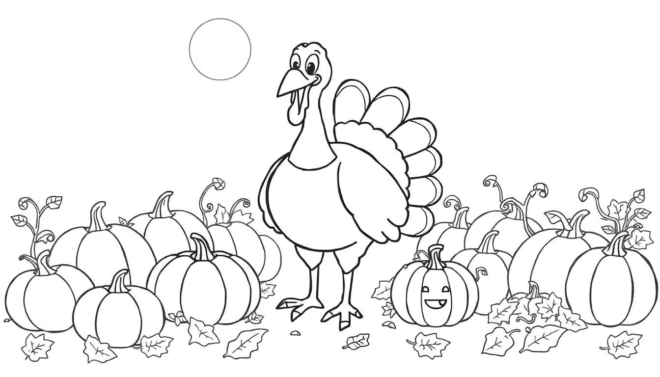 A black and white drawing of a friendly turkey in a pumpkin patch, perfect for a color panel.