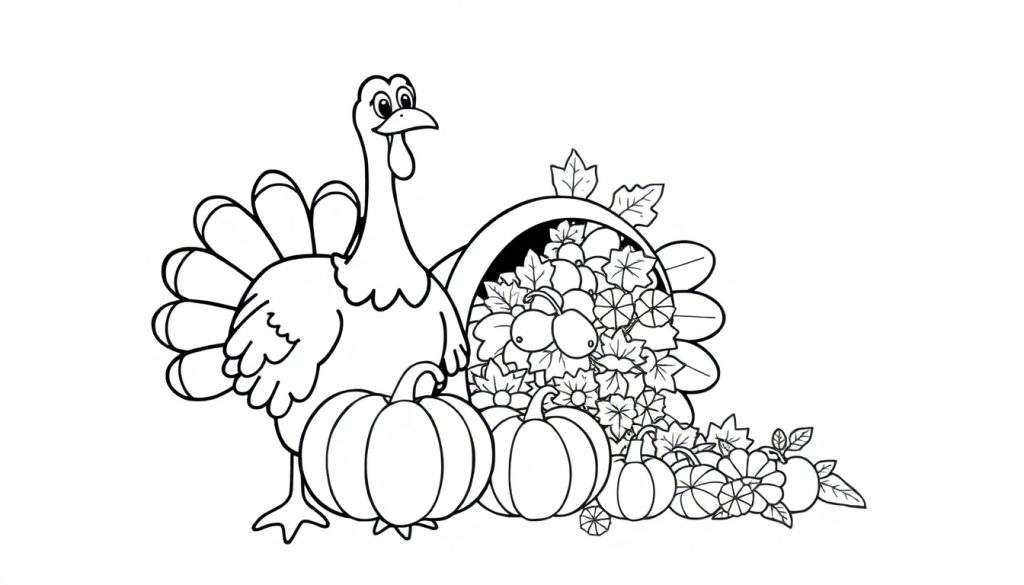 A black and white Thanksgiving coloring page with a smiling turkey, pumpkins, and a cornucopia. This is a fun color panel for kids.
