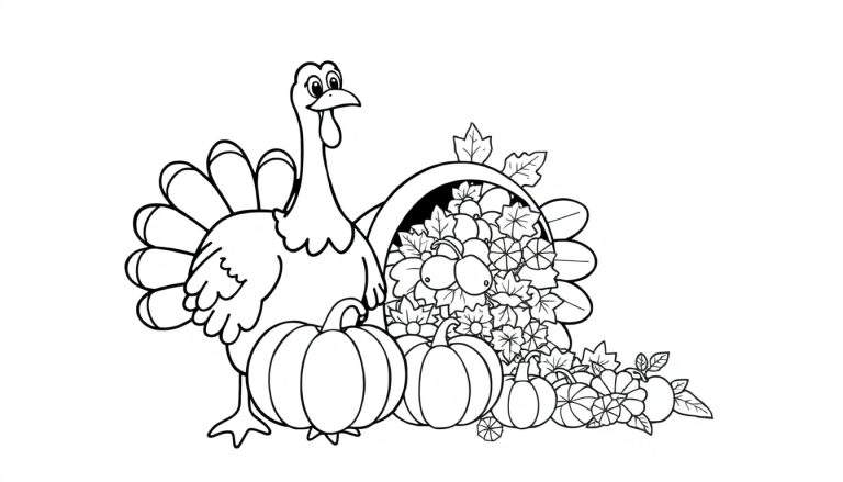 A black and white Thanksgiving coloring page with a smiling turkey, pumpkins, and a cornucopia. This is a fun color panel for kids.