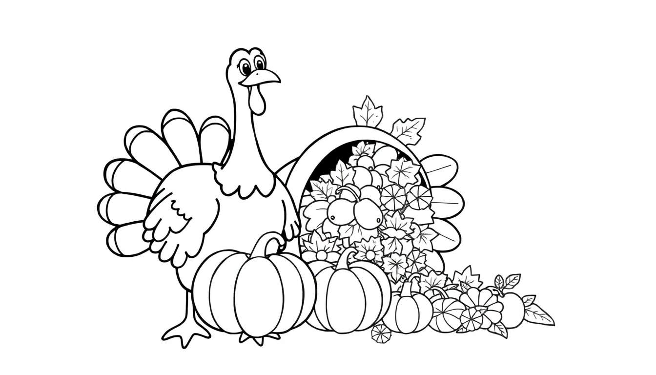 A black and white Thanksgiving coloring page with a smiling turkey, pumpkins, and a cornucopia. This is a fun color panel for kids.
