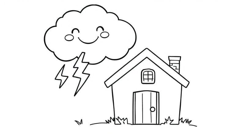 A black and white coloring panel of a happy cloud with lightning bolts striking a house.