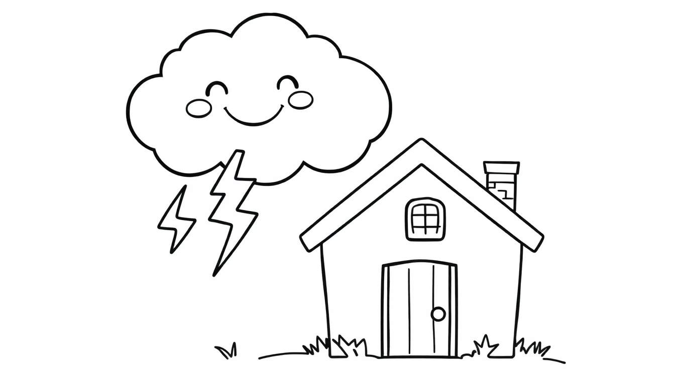 A black and white coloring panel of a happy cloud with lightning bolts striking a house.