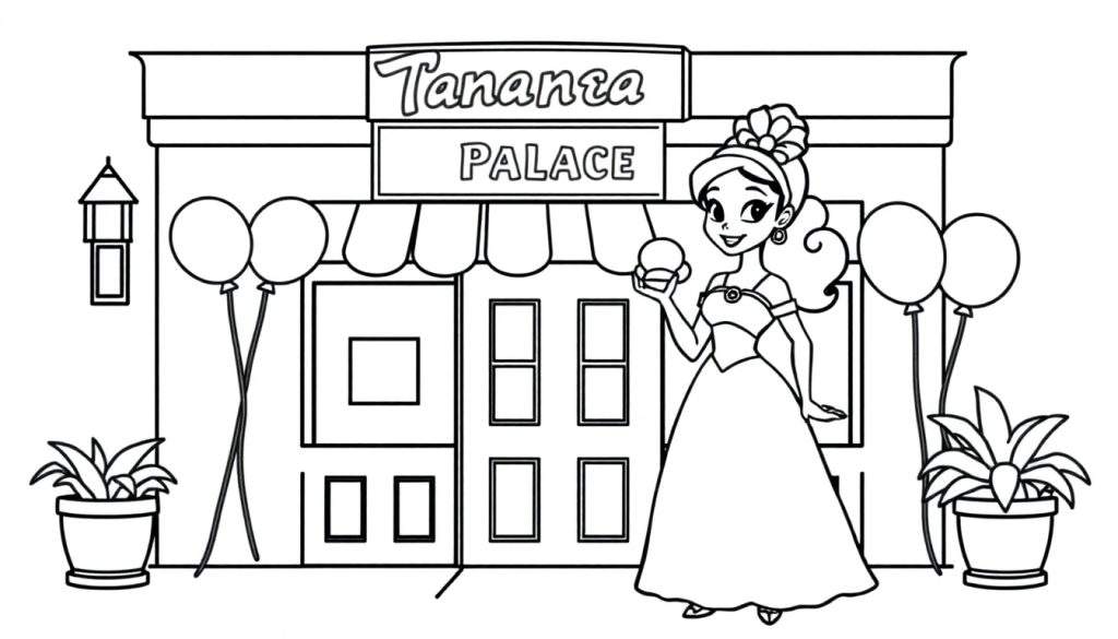 A young woman in a princess gown stands outside Tananta Palace, a celebratory color panel for kids.
