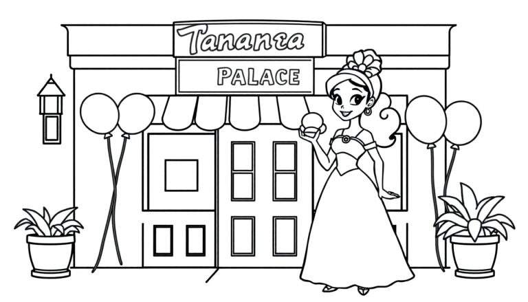 A young woman in a princess gown stands outside Tananta Palace, a celebratory color panel for kids.