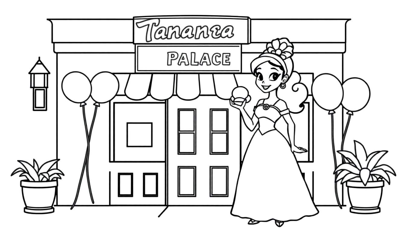 A young woman in a princess gown stands outside Tananta Palace, a celebratory color panel for kids.
