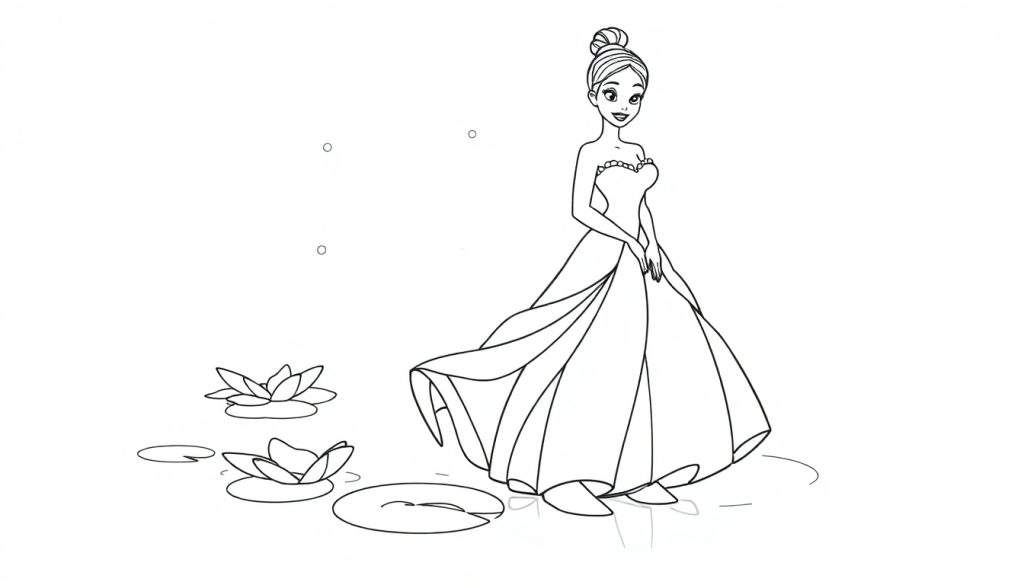 Tiana in her black and white coloring panel gown with lily pads.