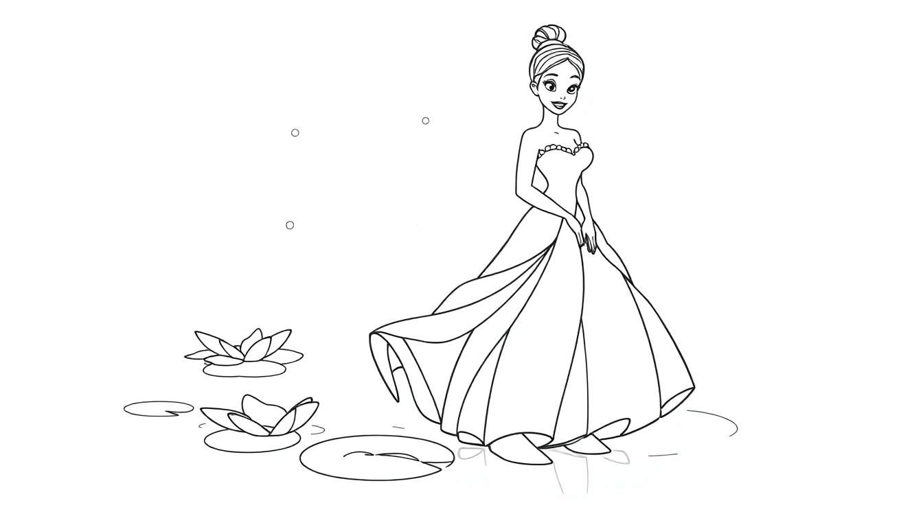 Tiana in her black and white coloring panel gown with lily pads.