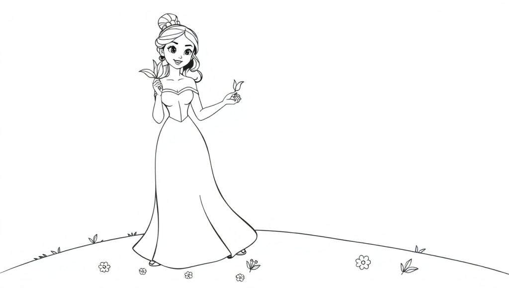 Tiana in her blue gown, a lovely color panel for coloring, holding a lily, ready for a magical coloring adventure.