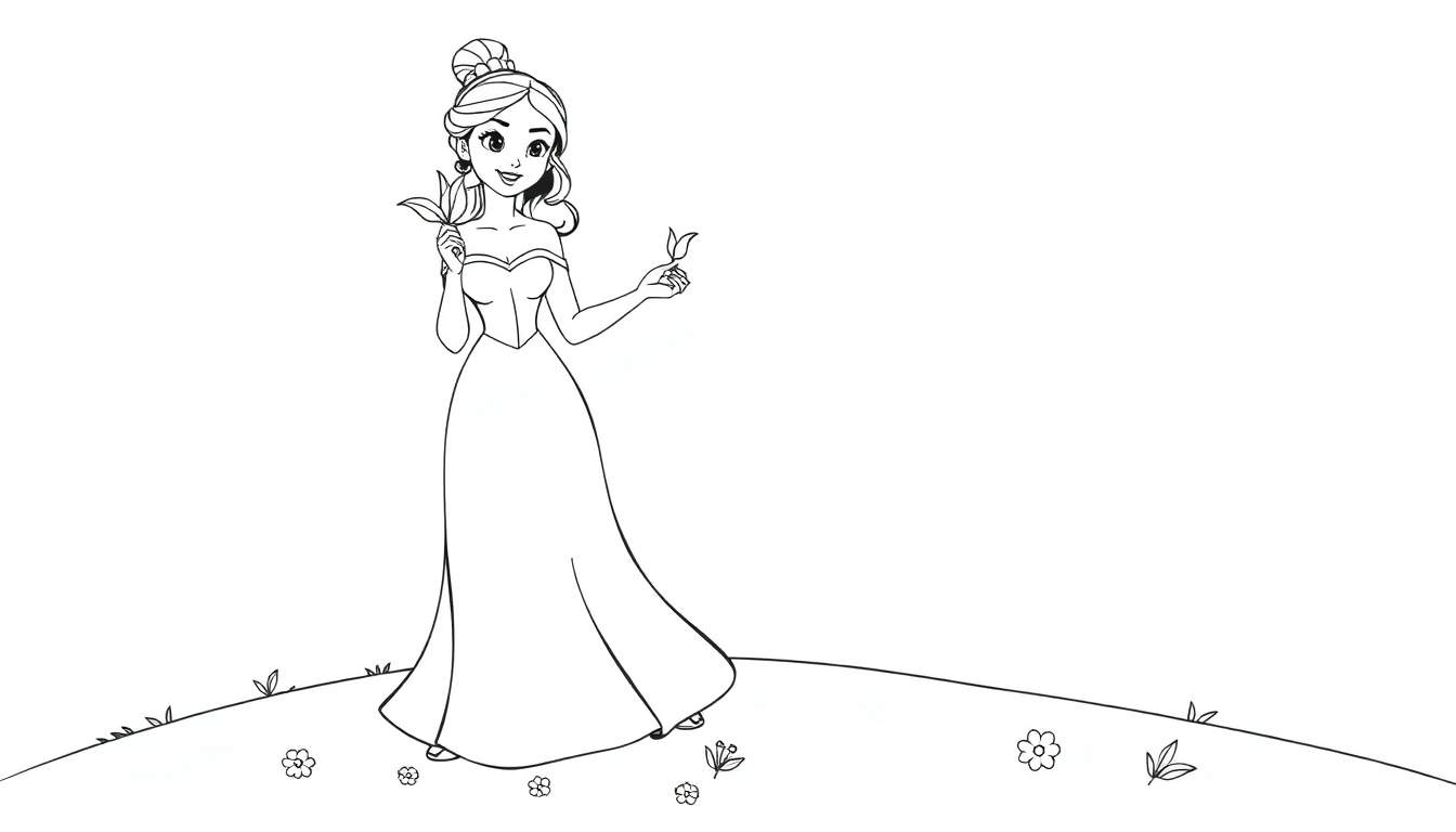 Tiana in her blue gown, a lovely color panel for coloring, holding a lily, ready for a magical coloring adventure.