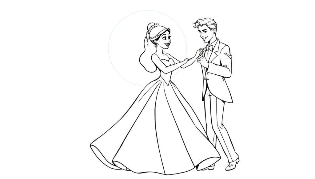 Tiana and Prince Naveen dancing in the moonlight, a black and white coloring page color panel.