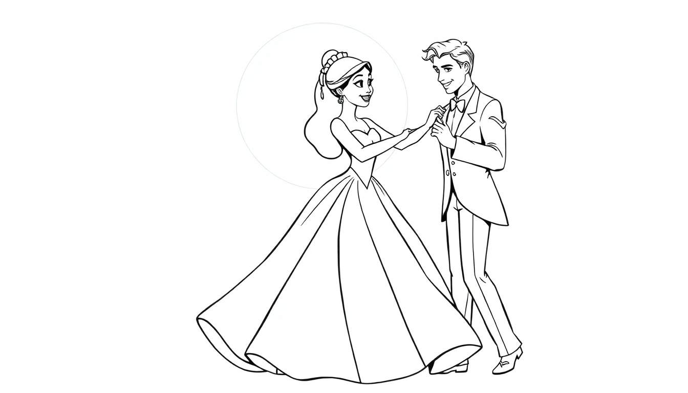 Tiana and Prince Naveen dancing in the moonlight, a black and white coloring page color panel.