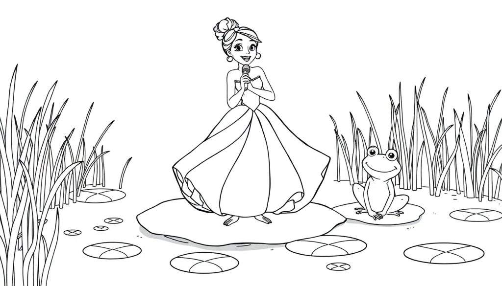 A black and white cartoon of Tiana singing on a lily pad with a frog, a color panel.